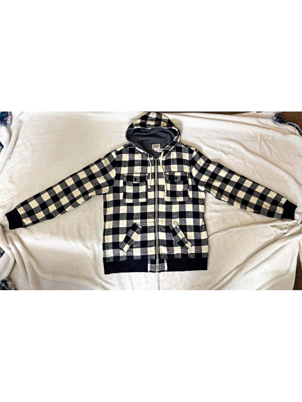 Lira Mens XL Black White Gray Plaid Full Zip Hooded Flannel Hoodie Pockets